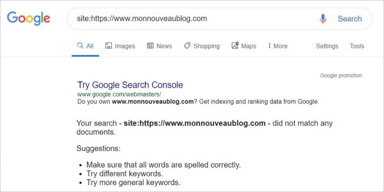 Site introuvable sur Google Image montrant une absence de résultats de recherche sur Google